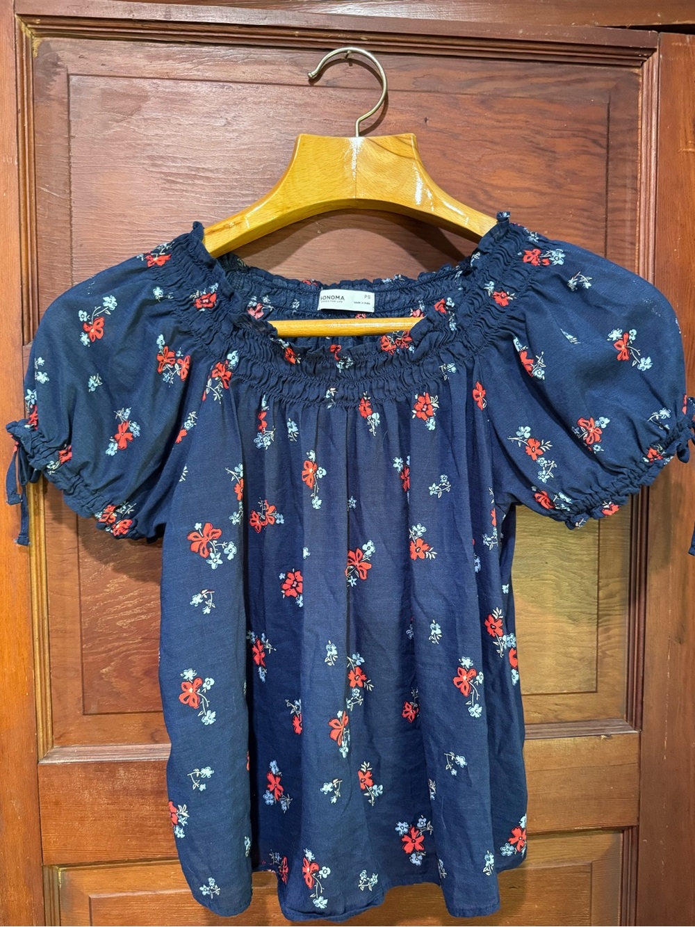 Petite S Floral and Navy Peasant Blouse Style Top